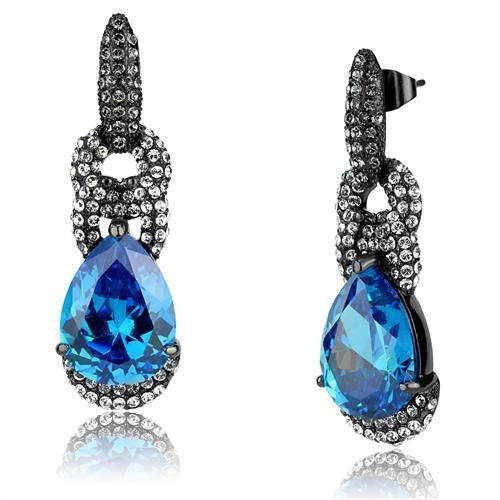 TK2708 - IP Light Black (IP Gun) Stainless Steel Earrings with AAA Grade CZ in Sea Blue-0