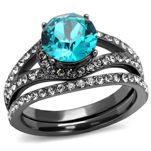TK2744 - IP Light Black (IP Gun) Stainless Steel Ring with Top Grade Crystal in Blue Zircon-0