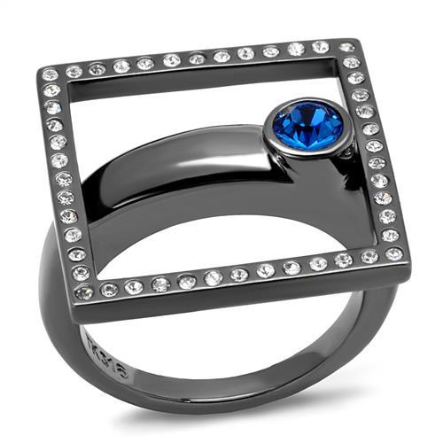 TK2808 - IP Light Black (IP Gun) Stainless Steel Ring with Top Grade Crystal in Capri Blue-0