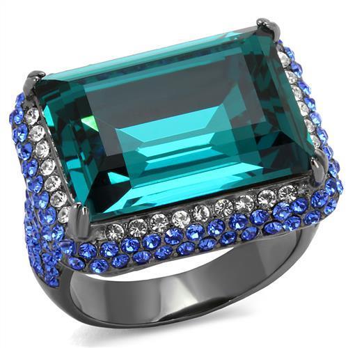 TK2811 - IP Light Black (IP Gun) Stainless Steel Ring with Top Grade Crystal in Blue Zircon-0