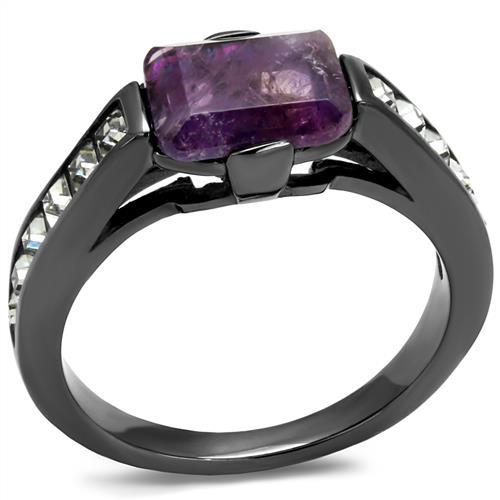 TK2832 - IP Light Black (IP Gun) Stainless Steel Ring with Precious Stone Amethyst Crystal in Amethyst-0