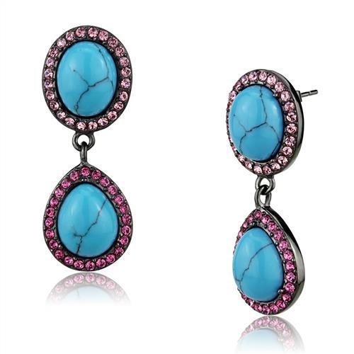TK2847 - IP Light Black (IP Gun) Stainless Steel Earrings with Synthetic Turquoise in Sea Blue-0