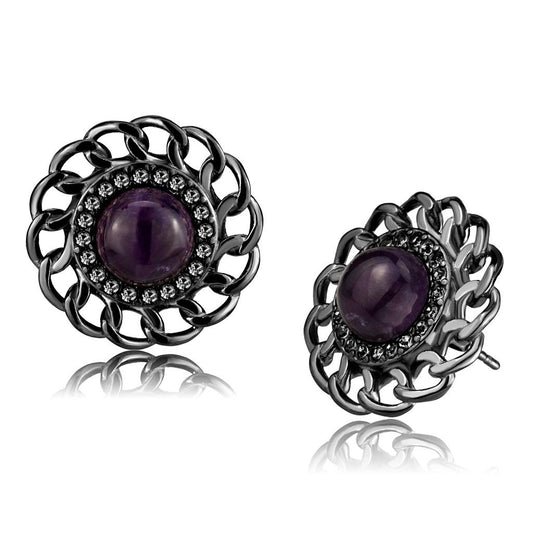 TK2889 - IP Light Black (IP Gun) Stainless Steel Earrings with Semi-Precious Amethyst Crystal in Amethyst-0