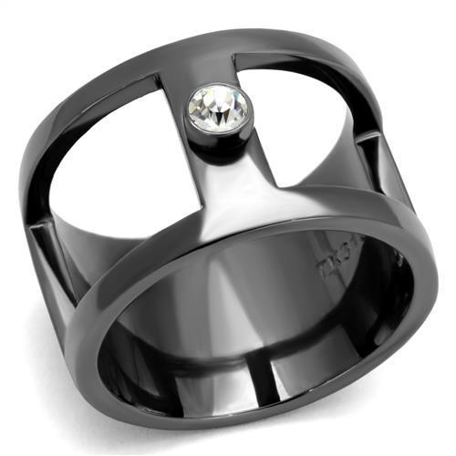 TK2898 - IP Light Black (IP Gun) Stainless Steel Ring with Top Grade Crystal in Clear-0