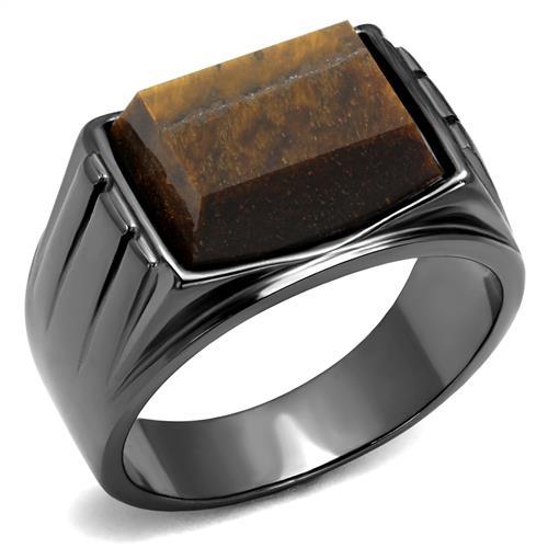 TK3001 - IP Light Black (IP Gun) Stainless Steel Ring with Synthetic Tiger Eye in Topaz-0