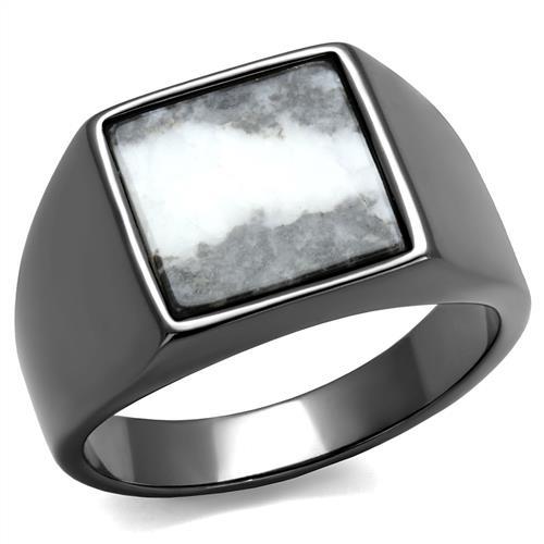 TK3005 - IP Light Black (IP Gun) Stainless Steel Ring with Semi-Precious Zebra Jasper in Gray-0