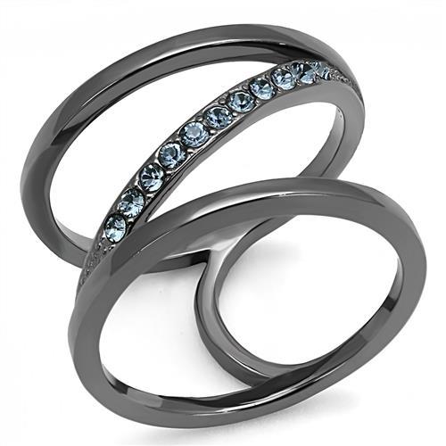 TK3038 - IP Light Black (IP Gun) Stainless Steel Ring with Top Grade Crystal in Capri Blue-0