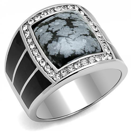 TK3042 - High polished (no plating) Stainless Steel Ring with Semi-Precious Snowflake Obsidian in Jet-0