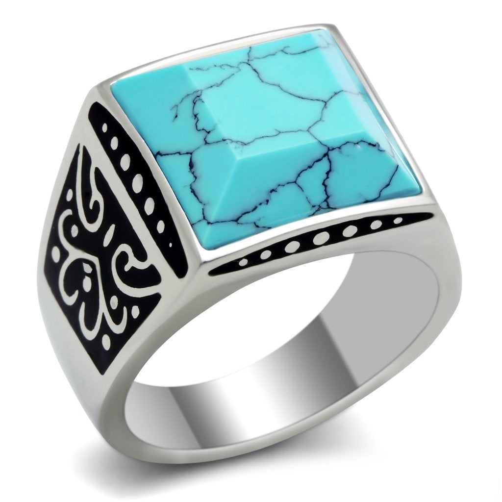TK304 - High polished (no plating) Stainless Steel Ring with Synthetic Turquoise in Sea Blue-0
