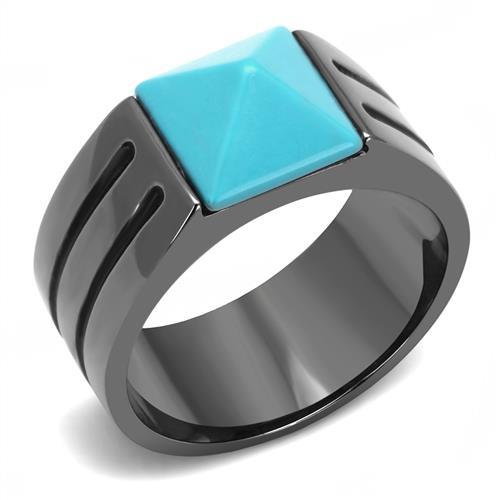 TK3074 - IP Light Black (IP Gun) Stainless Steel Ring with Synthetic Turquoise in Sea Blue-0