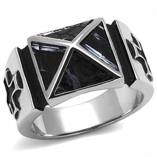 TK3075 - High polished (no plating) Stainless Steel Ring with Leather in Jet-0