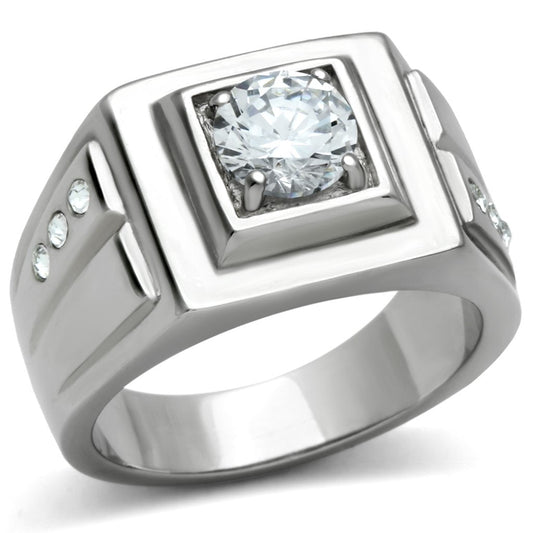 TK313 - High polished (no plating) Stainless Steel Ring with AAA Grade CZ in Clear-0