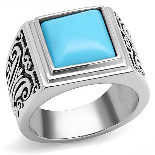 TK3188 - High polished (no plating) Stainless Steel Ring with Synthetic Turquoise in Sea Blue-0