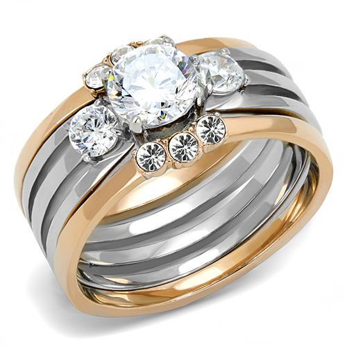 TK3212 - Two-Tone IP Rose Gold Stainless Steel Ring with AAA Grade CZ in Clear-0