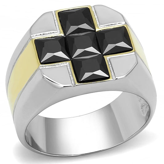 TK3271 - Two-Tone IP Gold (Ion Plating) Stainless Steel Ring with AAA Grade CZ in Black Diamond-0