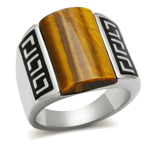 TK328 - High polished (no plating) Stainless Steel Ring with Semi-Precious Tiger Eye in Smoked Quartz-0