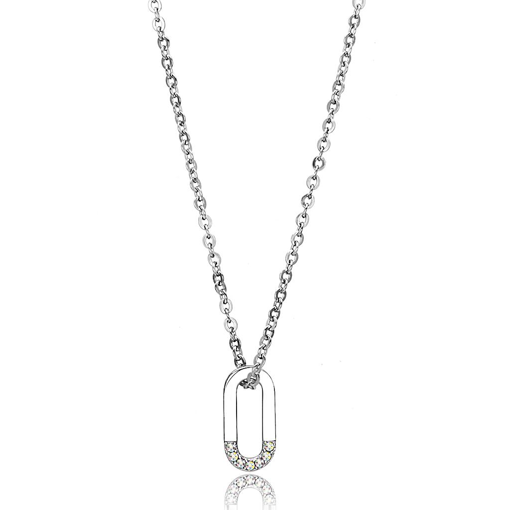 TK3297 - High polished (no plating) Stainless Steel Necklace with Top Grade Crystal in White AB-0