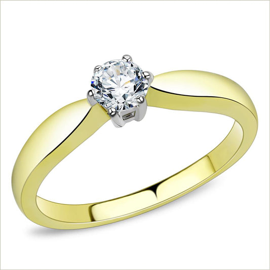 TK3440 - Two-Tone IP Gold (Ion Plating) Stainless Steel Ring with AAA Grade CZ in Clear-0