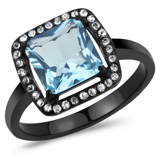 TK3447 - IP Black(Ion Plating) Stainless Steel Ring with Synthetic Synthetic Glass in Sea Blue-0