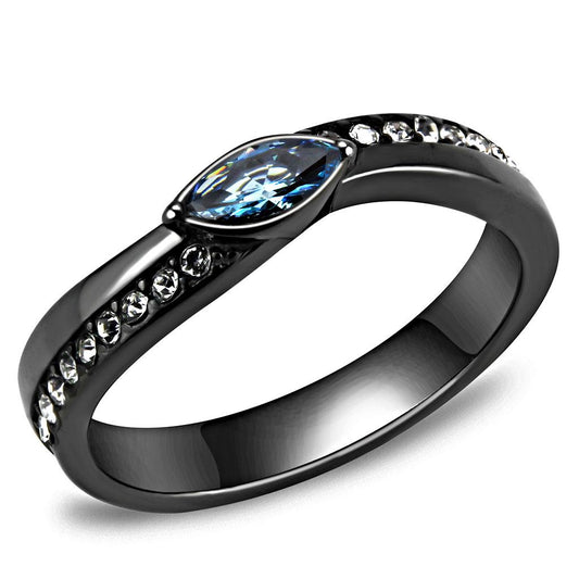 TK3511 - IP Light Black (IP Gun) Stainless Steel Ring with AAA Grade CZ in Sea Blue-0