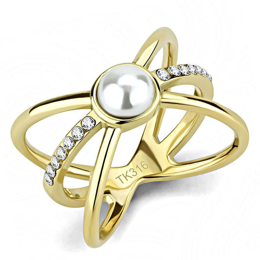 TK3522 - IP Gold(Ion Plating) Stainless Steel Ring with Synthetic Pearl in White-0