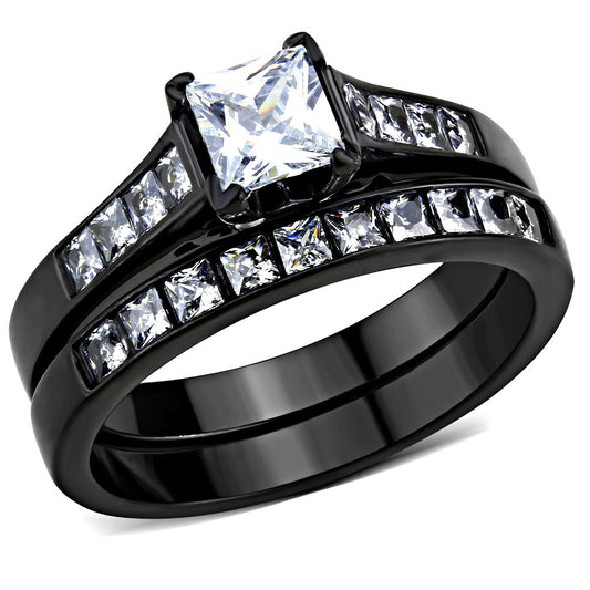 TK3555 - IP Black(Ion Plating) Stainless Steel Ring with AAA Grade CZ in Clear-0