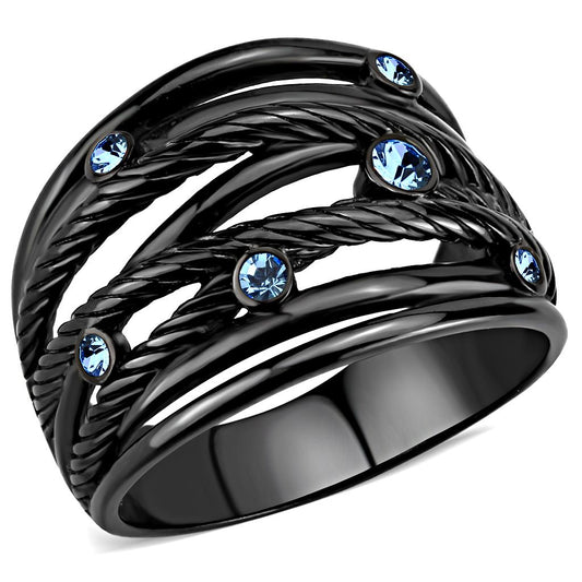TK3564 - IP Black(Ion Plating) Stainless Steel Ring with Top Grade Crystal in Sea Blue-0
