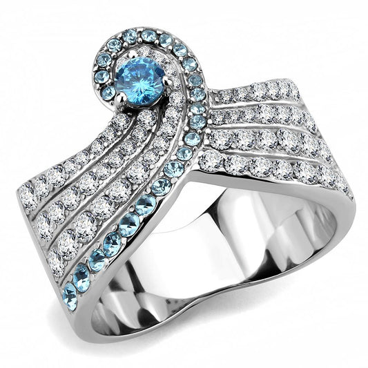 TK3572 - No Plating Stainless Steel Ring with AAA Grade CZ in Sea Blue-0