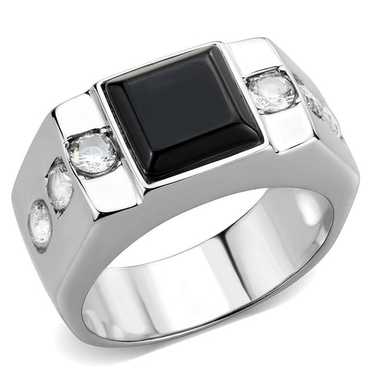 TK3615 - High polished (no plating) Stainless Steel Ring with Synthetic Onyx in Jet-0