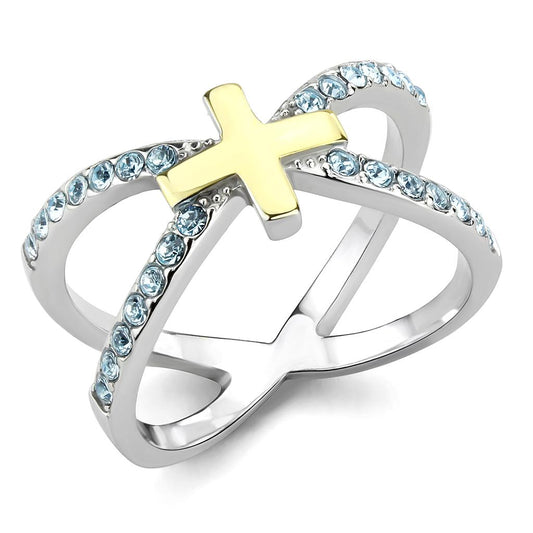 TK3636 - Two-Tone IP Gold (Ion Plating) Stainless Steel Ring with Top Grade Crystal in Sea Blue-0