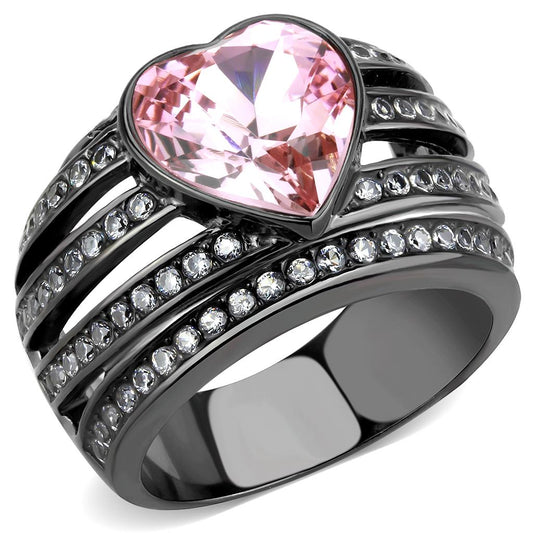 TK3686 - IP Black(Ion Plating) Stainless Steel Ring with Top Grade Crystal in Light Rose-0