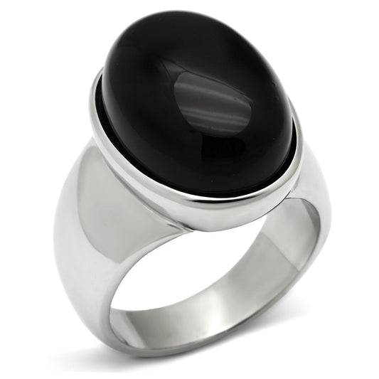TK501 - High polished (no plating) Stainless Steel Ring with Semi-Precious Onyx in Jet-0