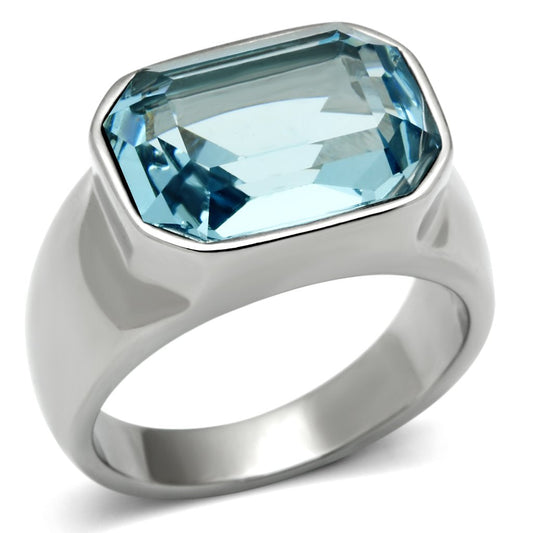 TK527 - High polished (no plating) Stainless Steel Ring with Top Grade Crystal in Sea Blue-0