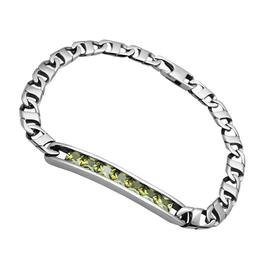 TK570 - High polished (no plating) Stainless Steel Bracelet with AAA Grade CZ in Olivine color-0