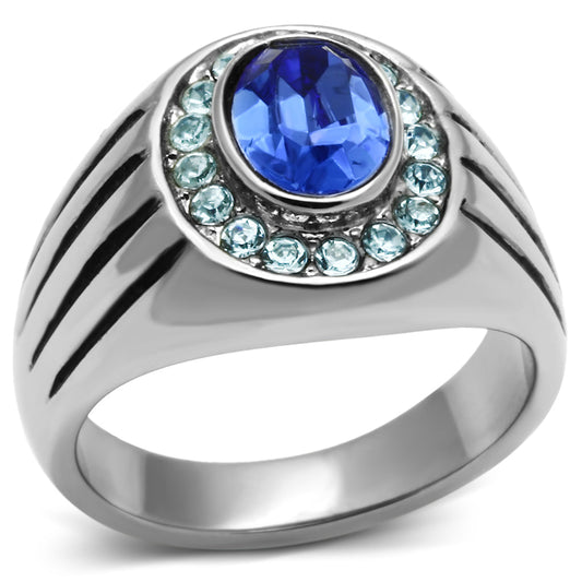 TK601 - High polished (no plating) Stainless Steel Ring with Top Grade Crystal in Sapphire-0