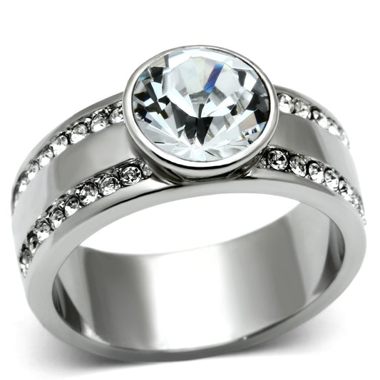 TK646 - High polished (no plating) Stainless Steel Ring with Top Grade Crystal in Clear-0