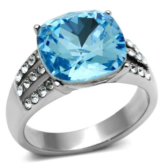 TK647 - High polished (no plating) Stainless Steel Ring with Top Grade Crystal in Sea Blue-0