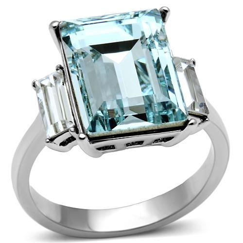TK650 - High polished (no plating) Stainless Steel Ring with Top Grade Crystal in Sea Blue-0