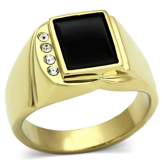TK722 - IP Gold(Ion Plating) Stainless Steel Ring with Semi-Precious Onyx in Jet-0
