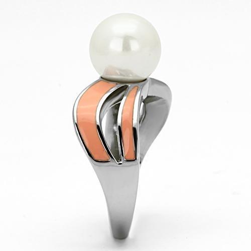 TK810 - High polished (no plating) Stainless Steel Ring with Synthetic Pearl in White-3