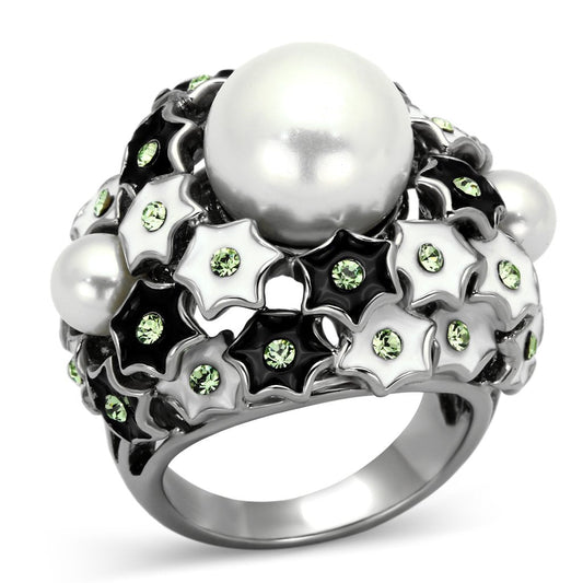 TK818 - High polished (no plating) Stainless Steel Ring with Synthetic Pearl in White-0