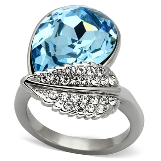 TK930 - High polished (no plating) Stainless Steel Ring with Top Grade Crystal in Sea Blue-0