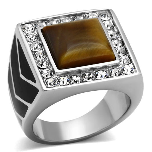 TK938 - High polished (no plating) Stainless Steel Ring with Synthetic Tiger Eye in Topaz-0