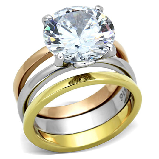 TK963 - Three Tone (IP Gold & IP Rose Gold & High Polished) Stainless Steel Ring with AAA Grade CZ in Clear-0