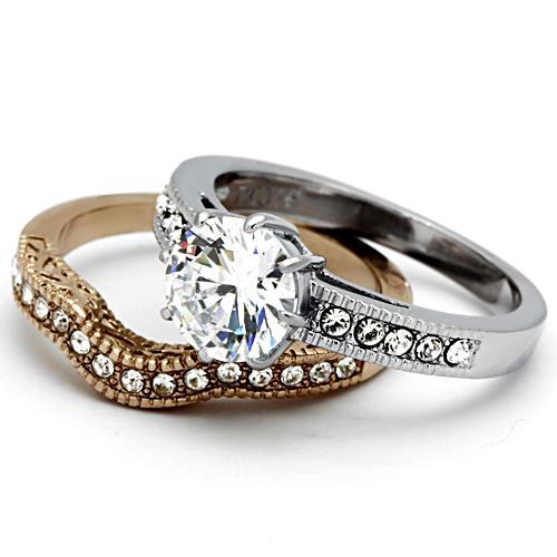 TK966 - Two-Tone IP Rose Gold Stainless Steel Ring with AAA Grade CZ in Clear-4