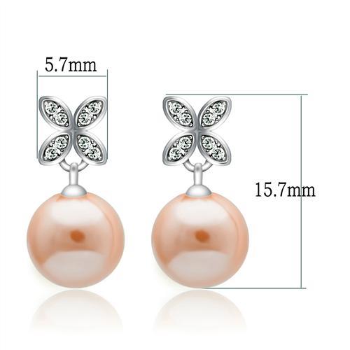 TS040 - Rhodium 925 Sterling Silver Earrings with Synthetic Pearl in Light Rose-1