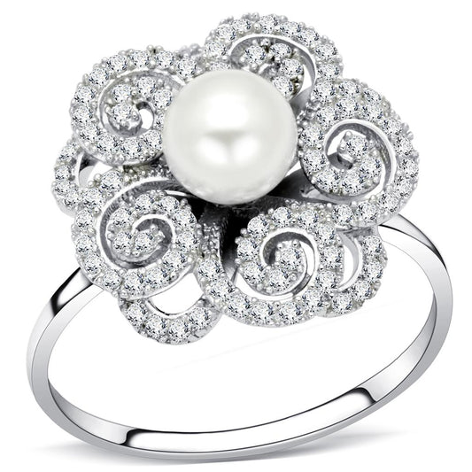 TS070 - Rhodium 925 Sterling Silver Ring with Synthetic Pearl in White-0