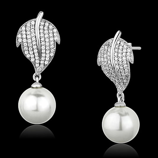 TS166 - Rhodium 925 Sterling Silver Earrings with Synthetic Pearl in White-0