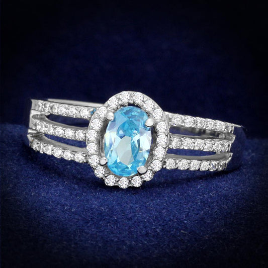 TS184 - Rhodium 925 Sterling Silver Ring with AAA Grade CZ in Sea Blue-0