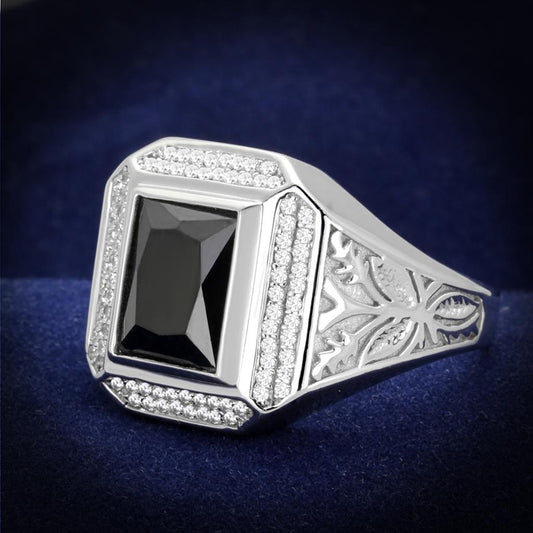 TS224 - Rhodium 925 Sterling Silver Ring with AAA Grade CZ in Black Diamond-0